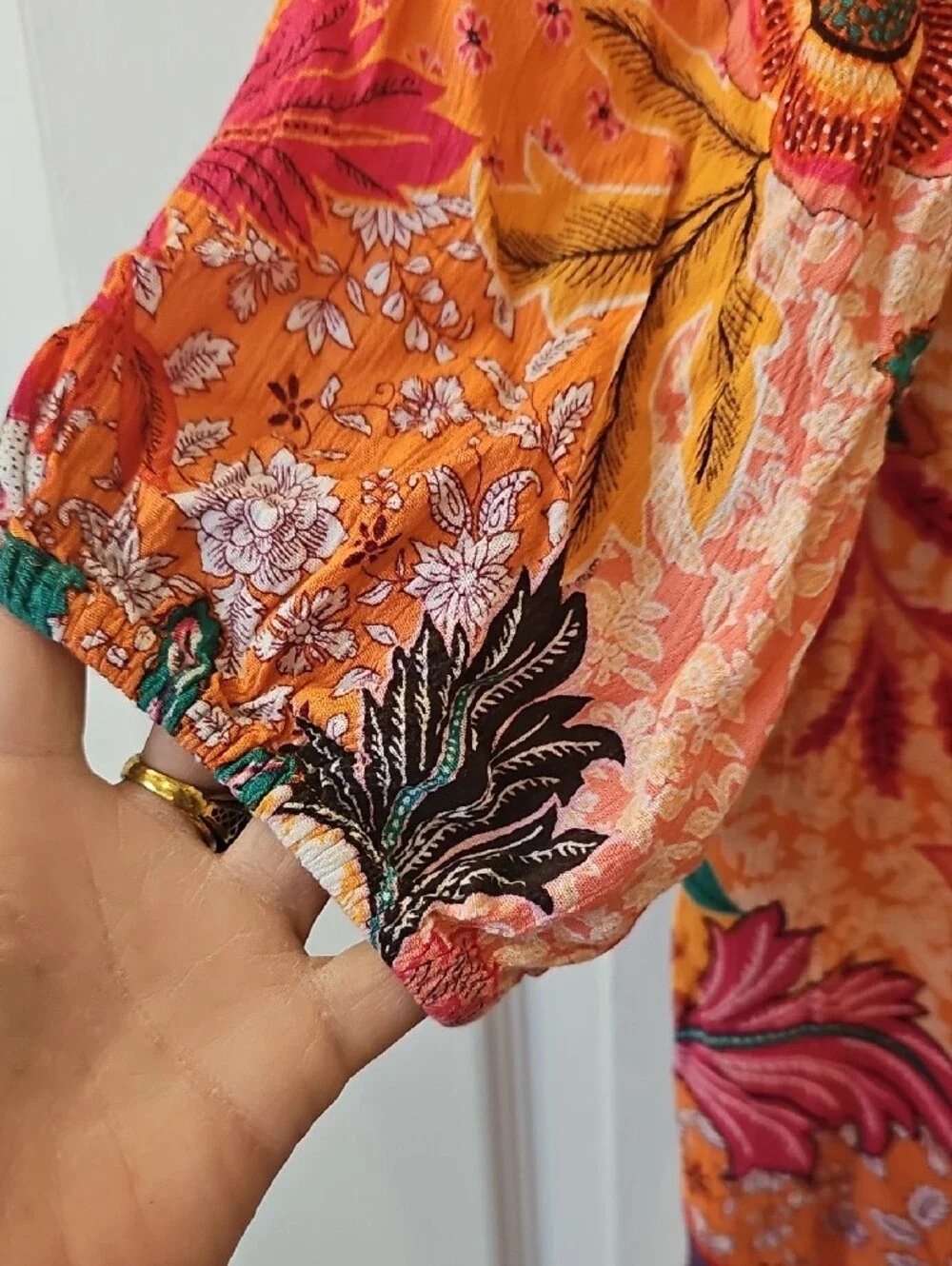 LOFT Orange Floral Puff-Sleeve Blouse with Multicolor Print